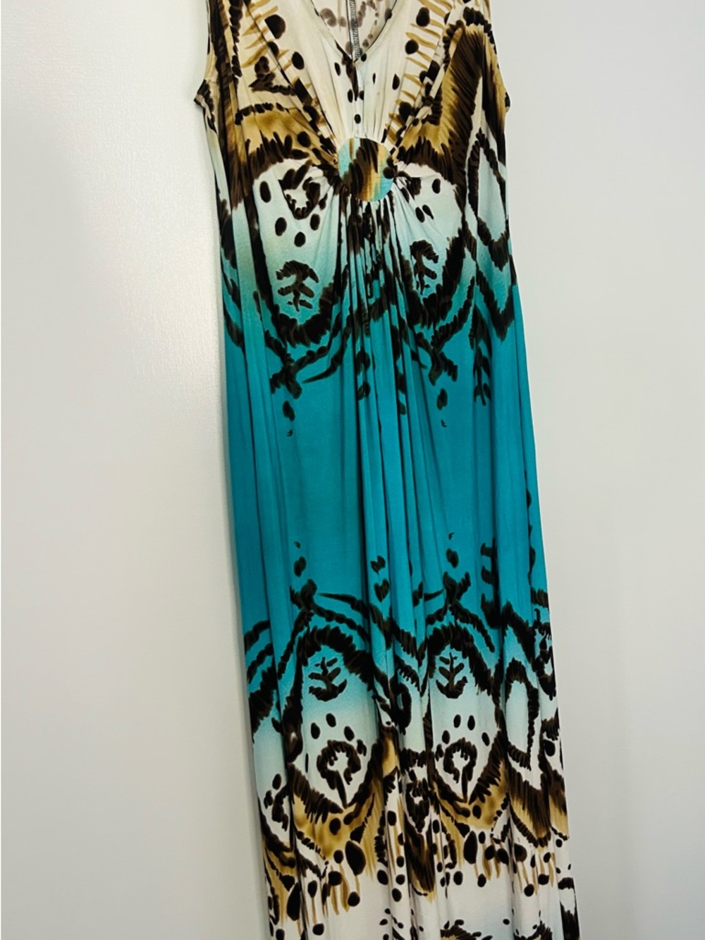 R&M Richard’s Women Turquoise Ombre Maxi Dress with Brown and Black Print size12